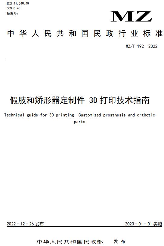 《假肢和矫形器定制件3D打印技术指南》（MZ/T192-2022）【全文附高清无水印PDF+DOC/Word版下载】