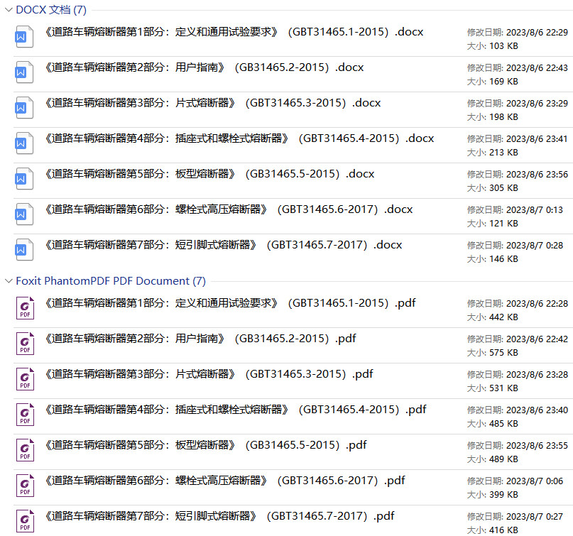 《道路车辆熔断器》（GB/T31465）【第1-7部分打包下载】【全文附高清无水印PDF+DOC/Word版下载】