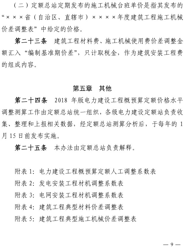 定额〔2020〕9号《电力工程造价与定额管理总站关于发布2018年版电力建设工程概预算定额价格水平调整办法的通知》【附红头文件PDF版+word版】3