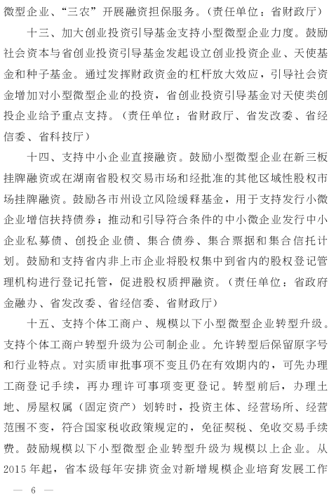 湘政发（2015）13号《湖南省人民政府关于进一步扶持小型微型企业健康发展的实施意见》6