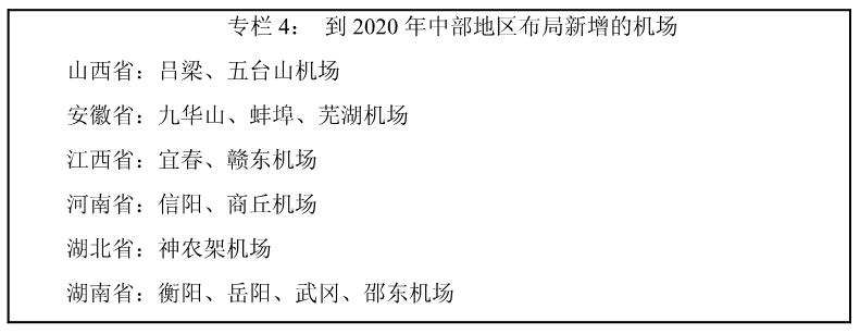 到 2020 年中部地区布局新增的机场 