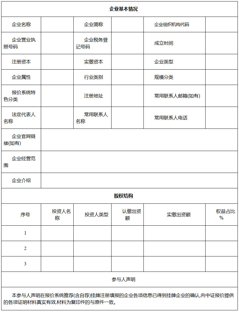 企业挂牌注册表