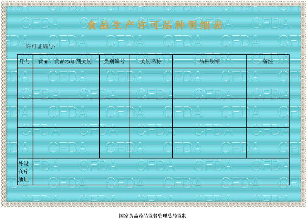 2015年版食品生产许可证样本图-食品生产品种明细表