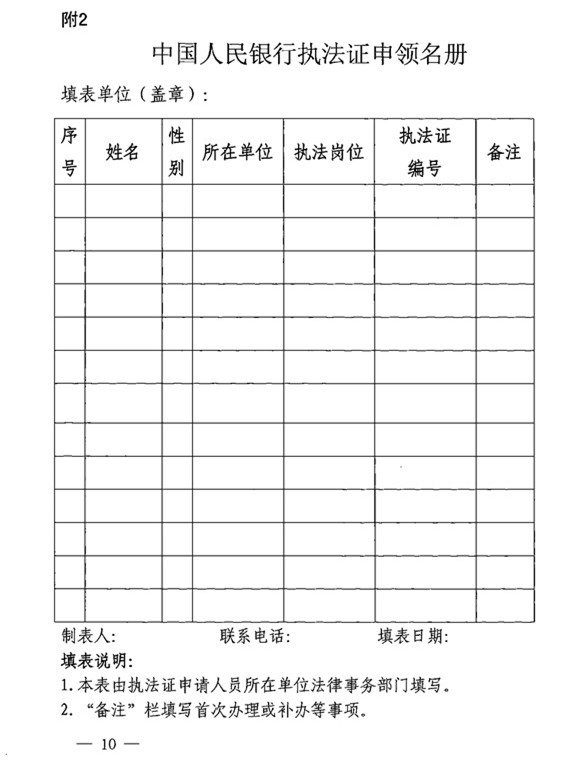 中国人民银行执法证申领名册