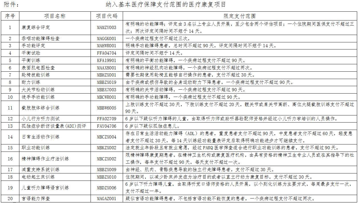 纳入基本医疗保障支付范围的 医疗康复项目