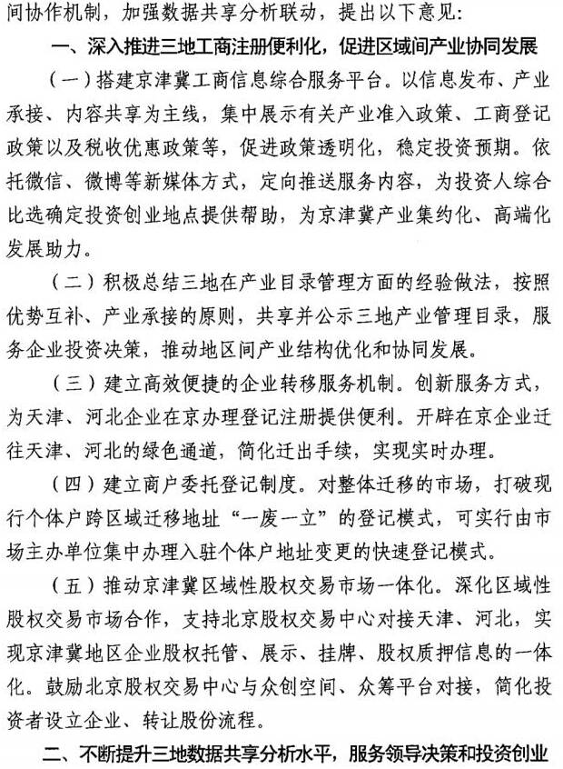 京工商发〔2016〕6号《关于加强京津冀三地工商和市场监管部门市场准入工作联动服务京津冀协同发展的意见》2