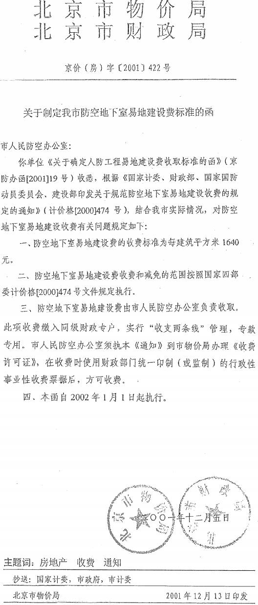 京价（房）字〔2001〕422号《北京市物价局北京市财政局关于制定我市防空地下室易地建设费标准的函》