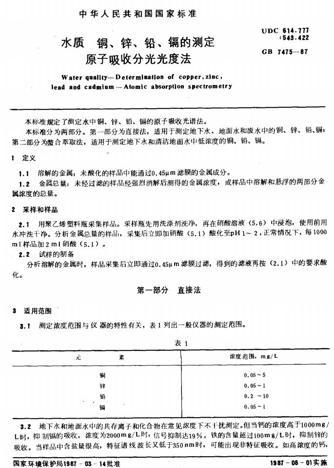 《水质铜、锌、铅、镉的测定原子吸收分光光度法》（GB7475-1987）【全文附PDF版下载】