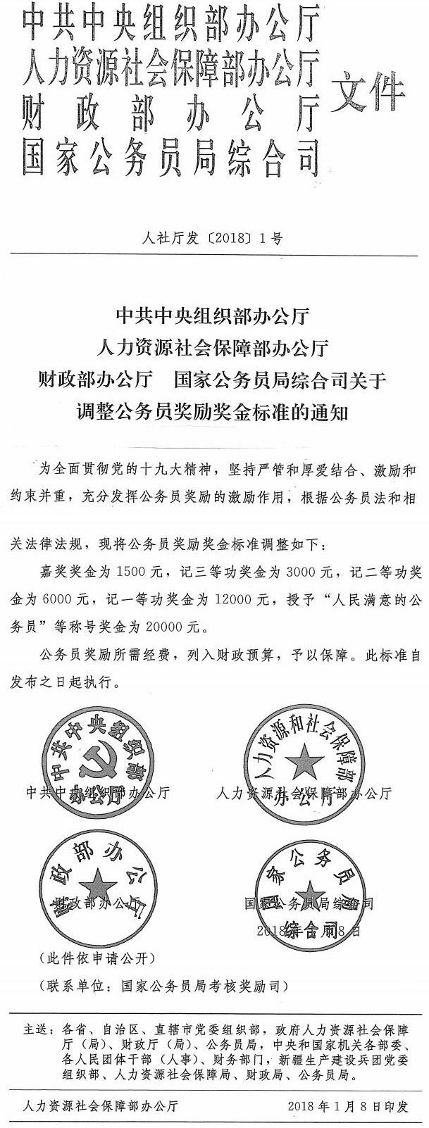 人社厅发〔2019〕1号《中共中央组织部办公厅 人力资源社会保障部办公厅 财政部办公厅 国家公务员综合体关于调整公务员奖励奖金标准的通知》（全文）